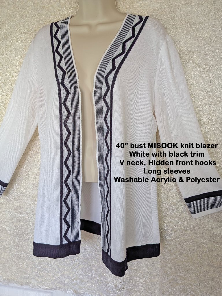 40" Bust Misook Knit Blazer, White, Black Striped Trim, V Neck, Hidden Hooks